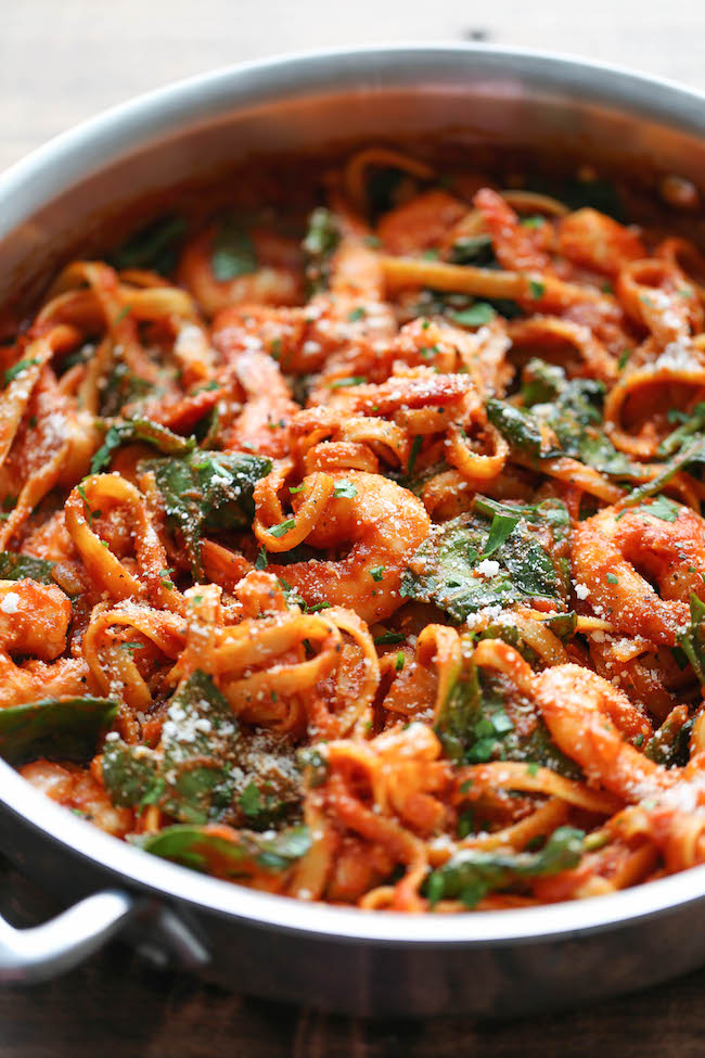 One Pot Shrimp Parmesan Pasta - The boring old spaghetti gets a fun twist in this super easy one pot meal - even the pasta gets cooked right in!