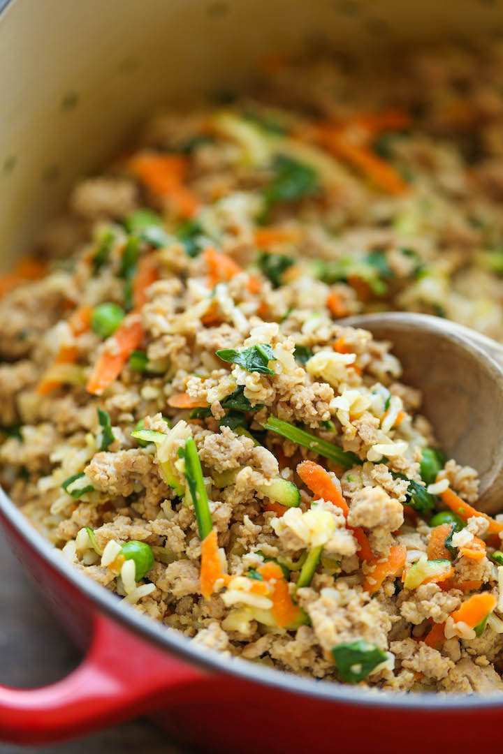 DIY dog food with rice, carrots, zucchini, peas, and ground turkey mixed together