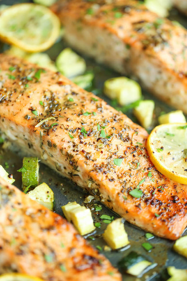One Pan Lemon Herb Salmon and Zucchini - Quick, easy, and all made on a single pan. And the salmon is packed with so much flavor. It doesn't get any easier!