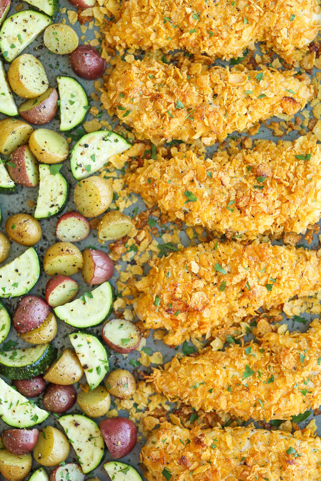 Baked Ranch Chicken Tenders and Veggies - No one will ever believe that these crisp chicken fingers are completely baked and cooked on ONE PAN with veggies!