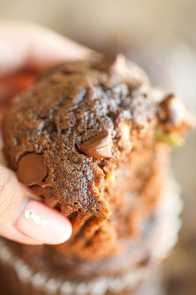 Double Chocolate Chip Zucchini Muffins - Quick, easy, AND healthy, loaded up with a double-dose of chocolate heaven. Perfect way to use up your zucchini!