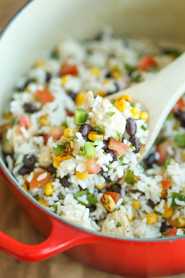 One Pot Beans, Chicken and Rice - This is pretty much a burrito bowl made in a single pot. Even the rice gets cooked right in! So easy for those weeknights!