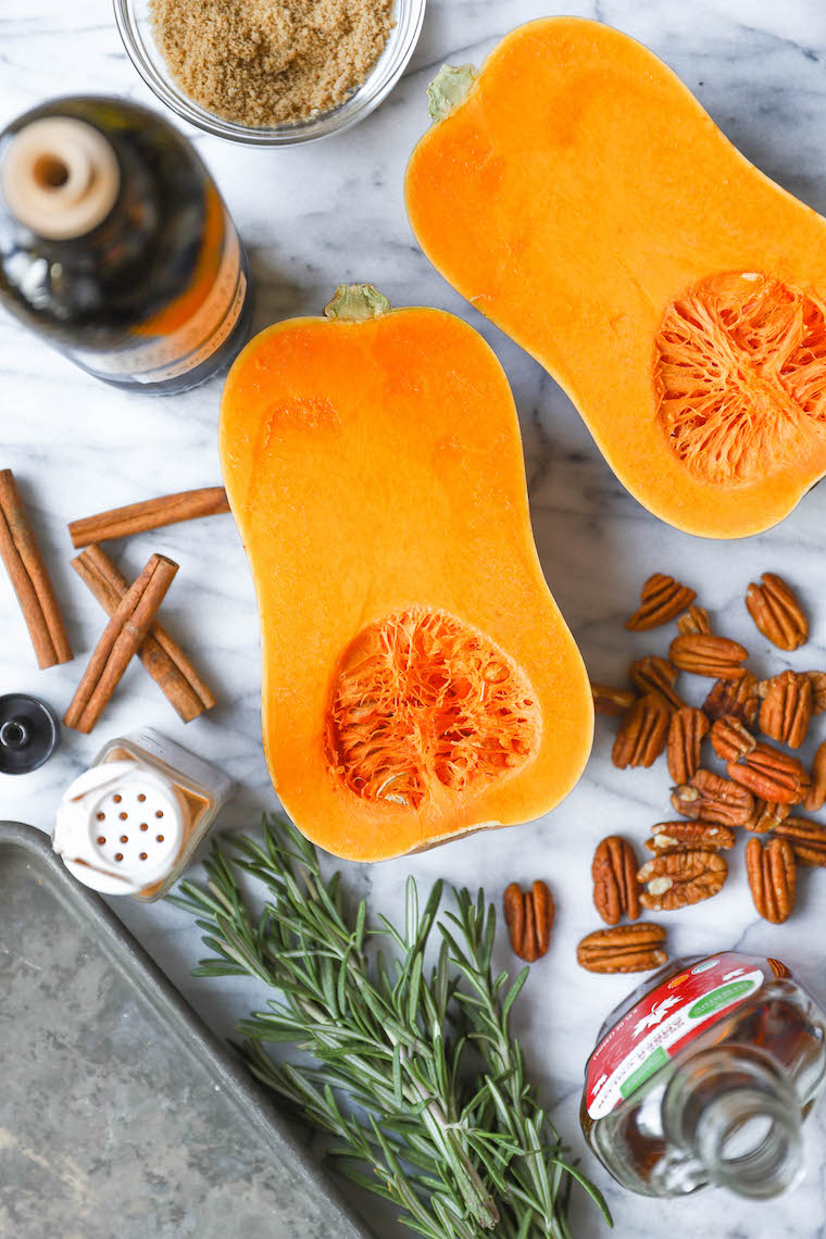 Cinnamon Pecan Roasted Butternut Squash - Perfectly roasted with maple syrup, brown sugar, cinnamon, nutmeg, rosemary. So easy and so so good.