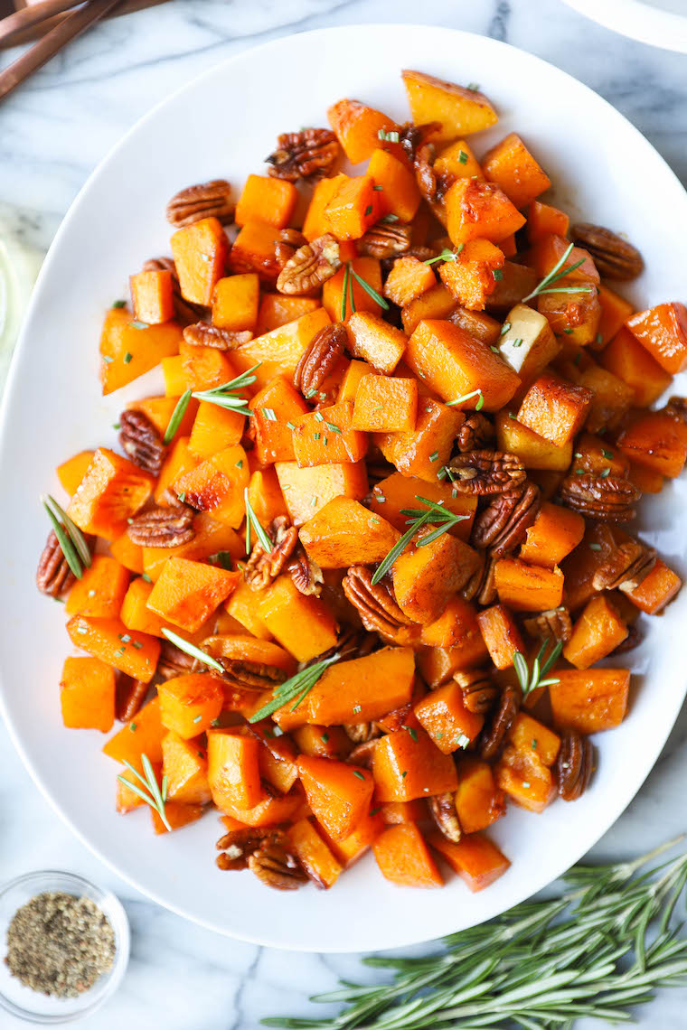 Cinnamon Pecan Roasted Butternut Squash - Perfectly roasted with maple syrup, brown sugar, cinnamon, nutmeg, rosemary. So easy and so so good.