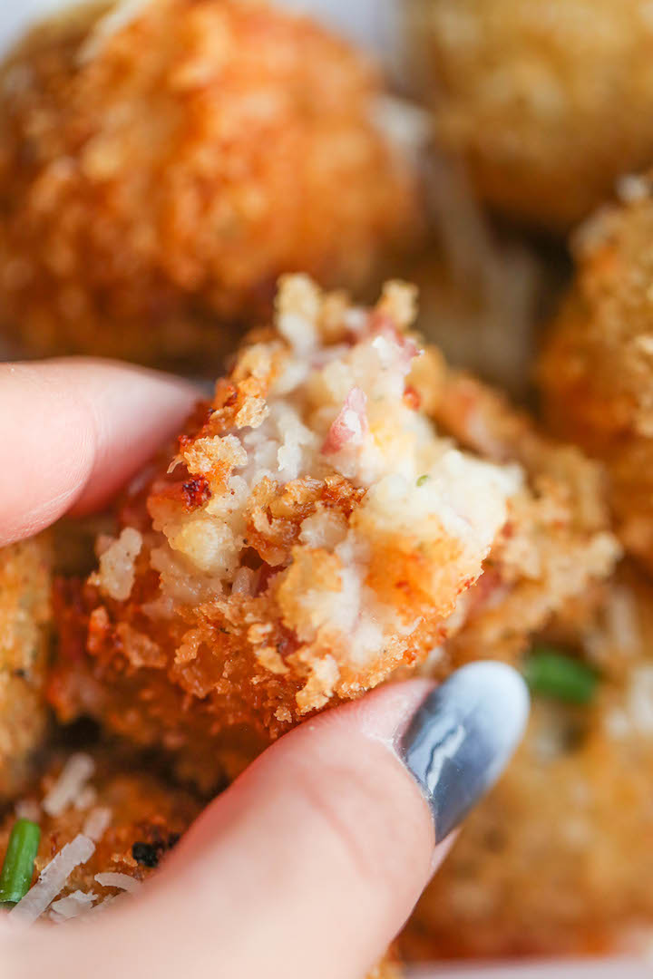 Loaded Mashed Potato Balls - What do you do with leftover mashed potatoes? You make melt-in-your-mouth, crisp yet creamy mashed potato balls of course!