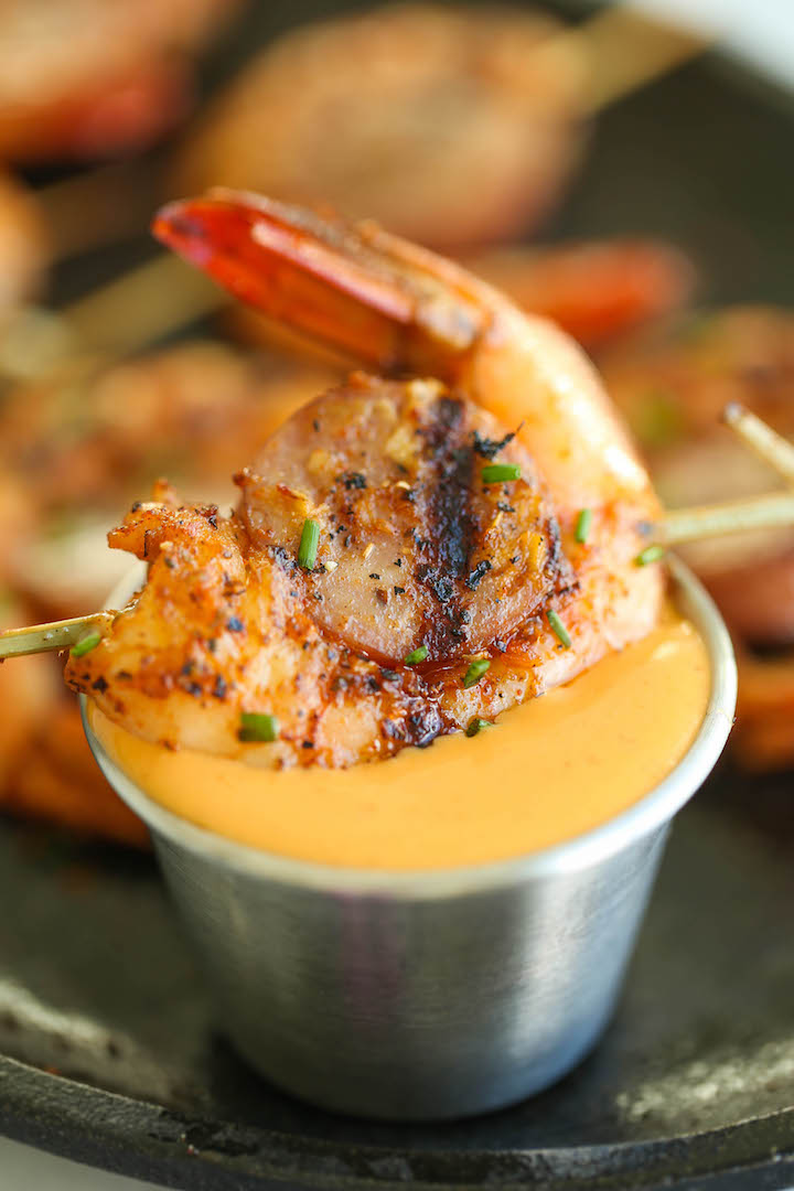 Cajun Shrimp and Sausage Skewers - These cute skewers are packed with juicy sausage and shrimp with homemade cajun seasoning. And the flavors are AH-MAZING!