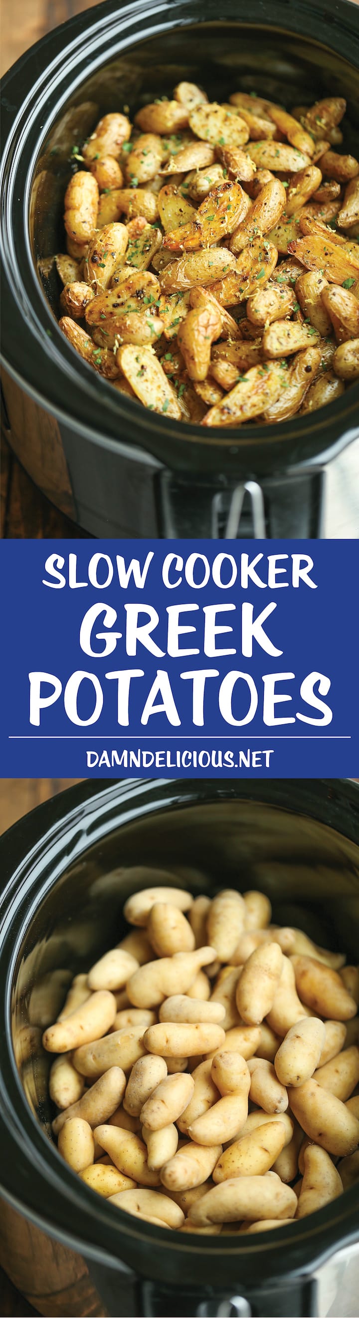 Slow Cooker Greek Potatoes - Buttery crisp-tender potatoes with olive oil, garlic, lemon and oregano. Made so easily in the crockpot - less than 5 min prep!