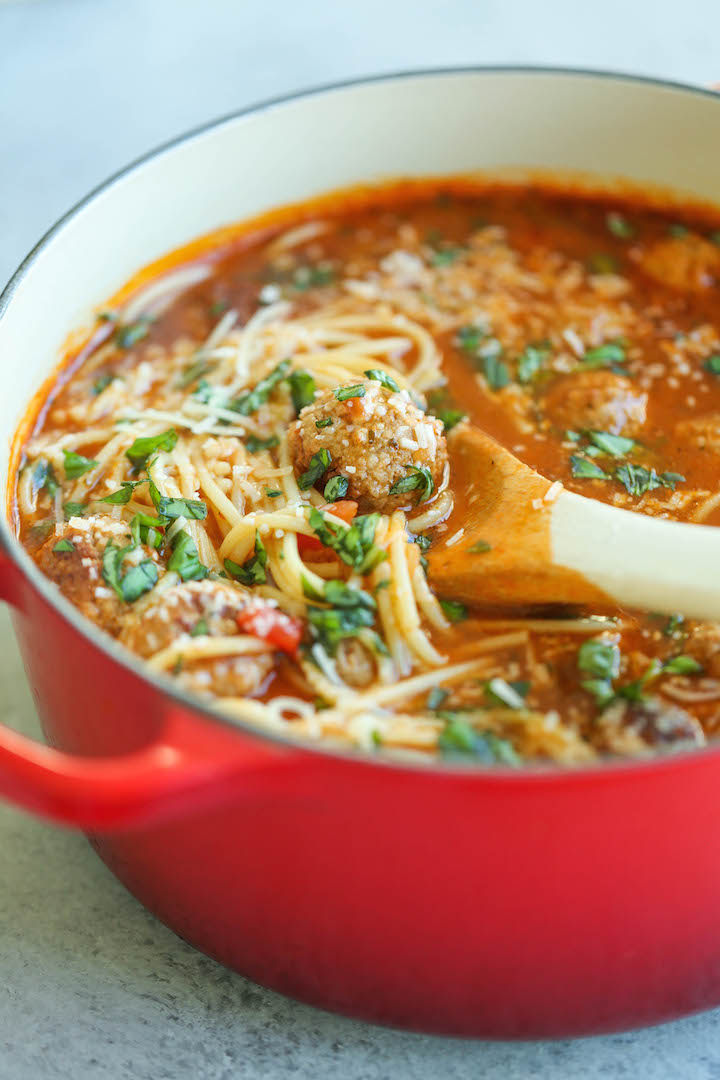 Spaghetti and Meatball Soup - Everyone's favorite dish is turned into the creamiest, coziest soup ever! Made in just 20 min. Kid and adult-friendly!