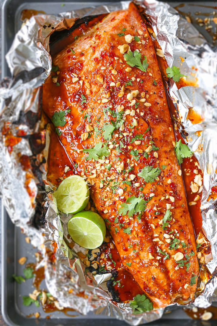 Thai Salmon in Foil - The flavors are sealed right into a foil packet with no clean up! The salmon comes out so tender/juicy. Sure to be a family favorite!