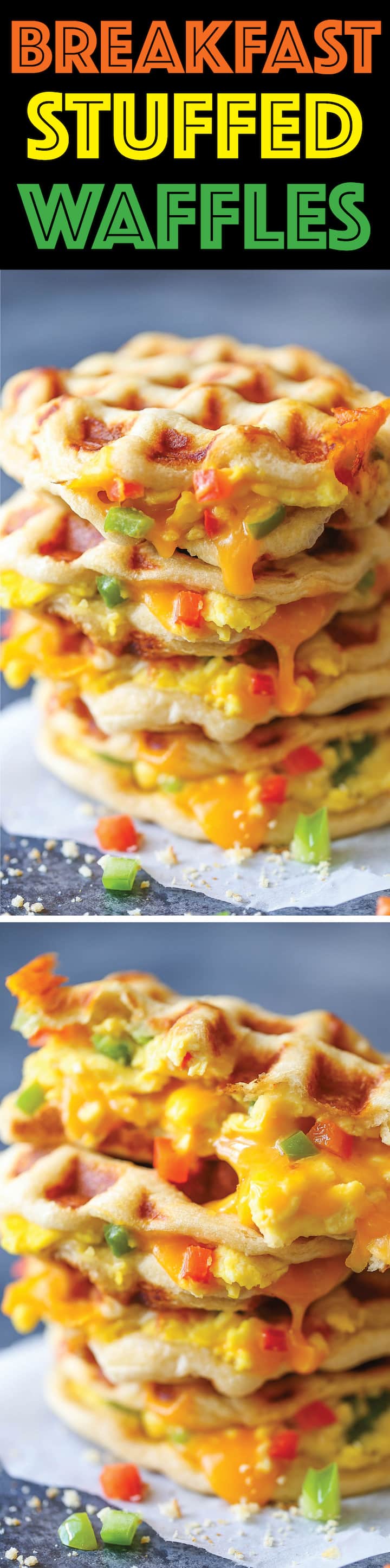 Breakfast Stuffed Waffles - The most epic YET EASIEST portable breakfast. Biscuit dough is transformed into waffles, stuffed with cheesy scrambled eggs!