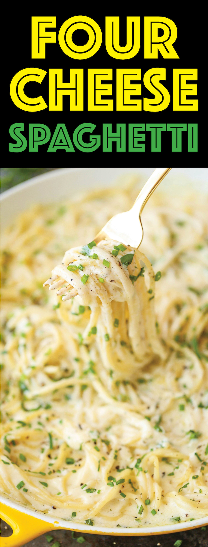 Four Cheese Spaghetti - AMAZINGLY creamy and so velvety with literally 4 different types of cheeses here! It’s quick/easy and perfect for company too!