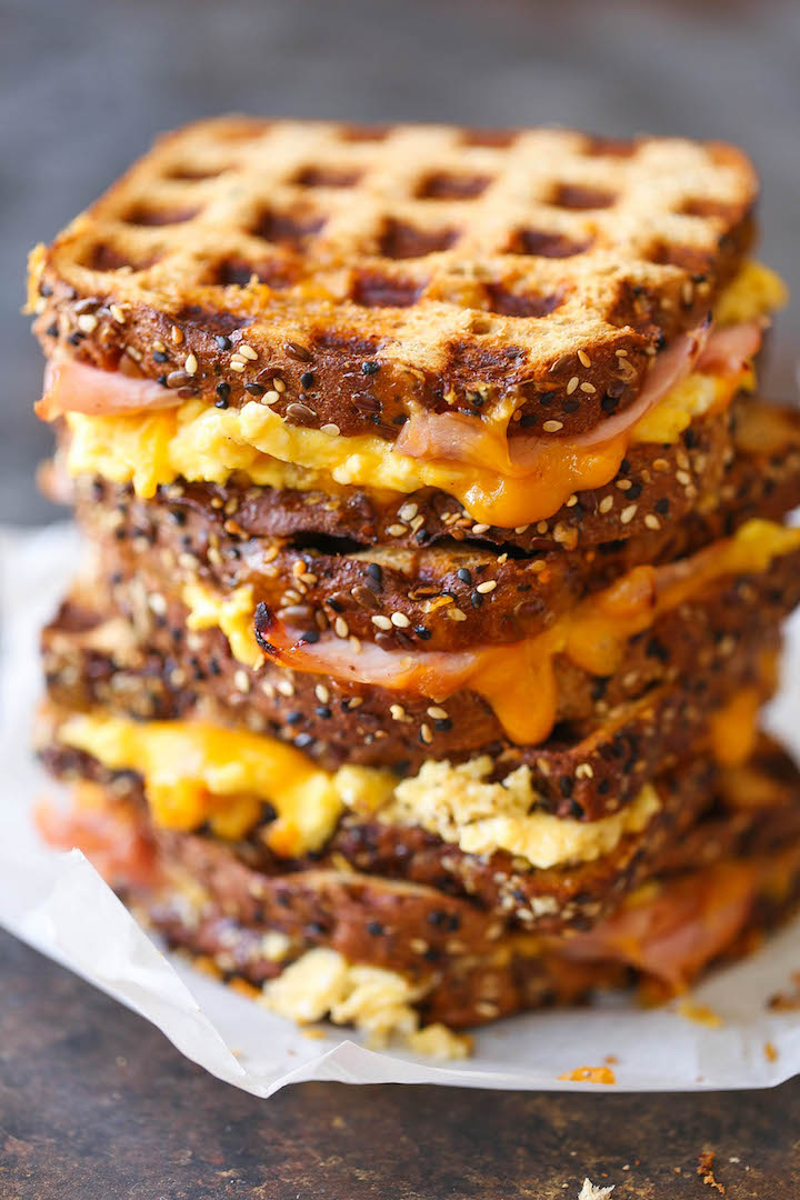 Ham Egg and Cheese Grilled Cheese - The must-have breakfast sandwich for all mornings made easily in your waffle-maker! You can make this ahead of time too!