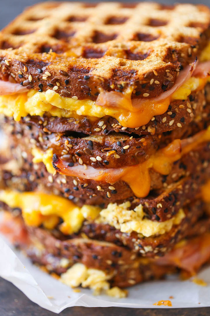 Ham Egg and Cheese Grilled Cheese - The must-have breakfast sandwich for all mornings made easily in your waffle-maker! You can make this ahead of time too!