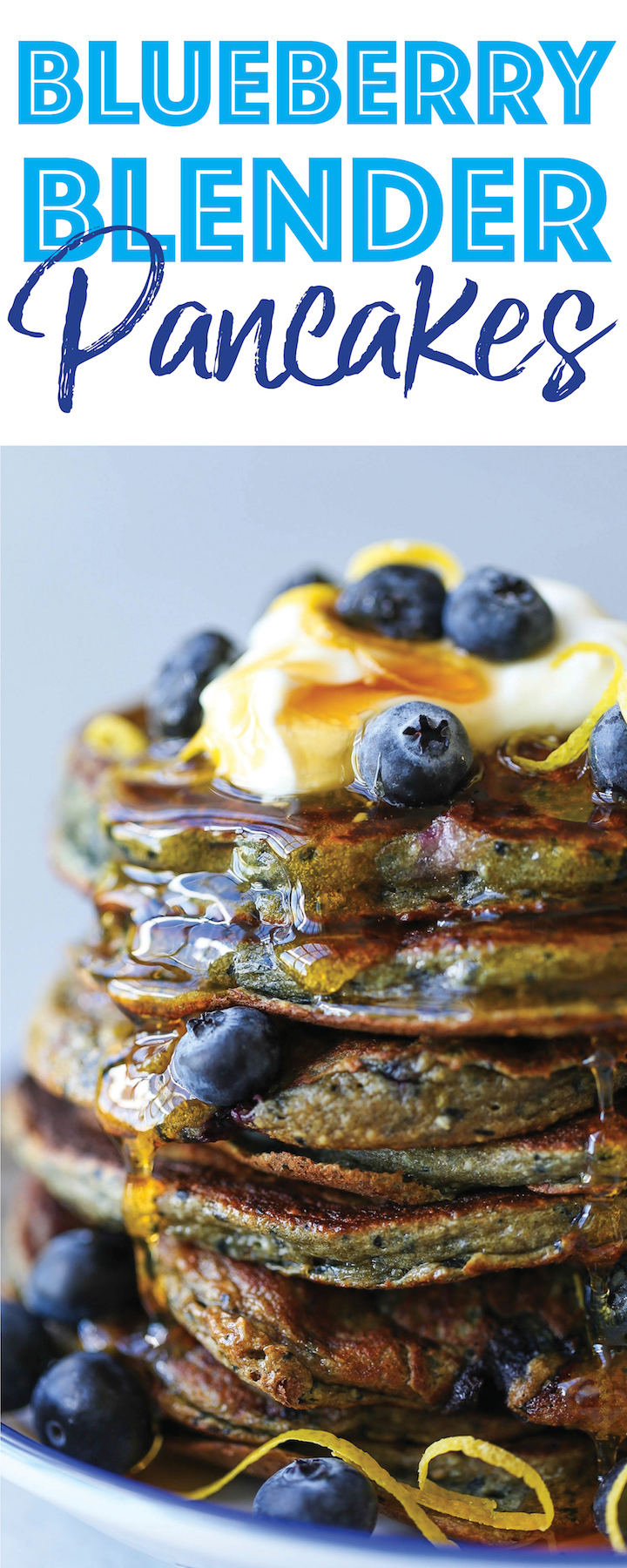 Blueberry Blender Pancakes - Make breakfast even easier by making your batter in the blender! No whisk/bowl needed. Simply pour right from the blender!