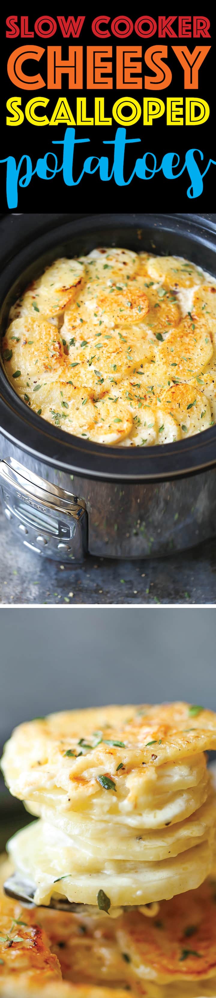 Slow Cooker Cheesy Scalloped Potatoes - This crockpot version of scalloped potatoes is so EASY, creamy, tender and cheesy! And it frees up your oven space!