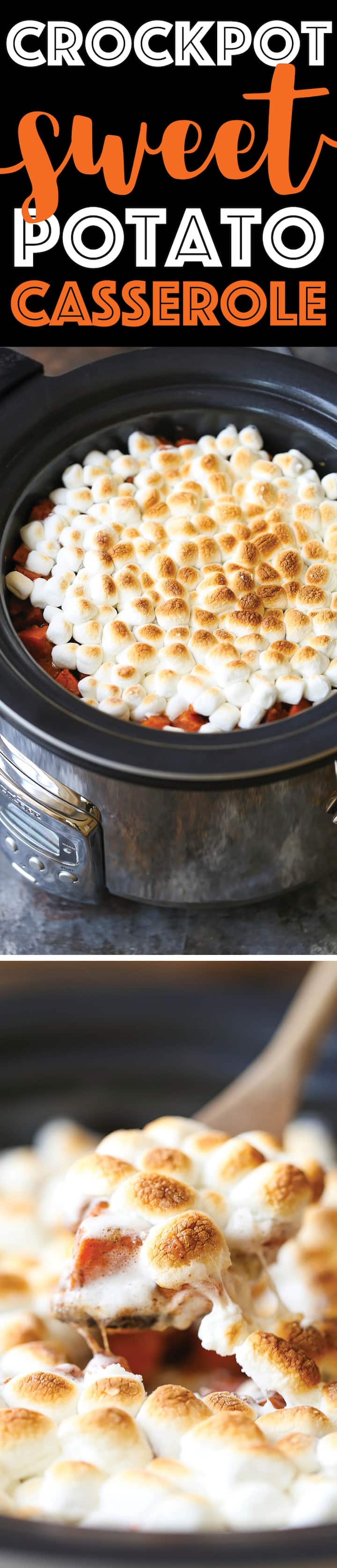 Slow Cooker Sweet Potato Casserole - That ooey gooey marshmallow topping!!!! All made in a crockpot. So easy without taking any oven space. Double win!