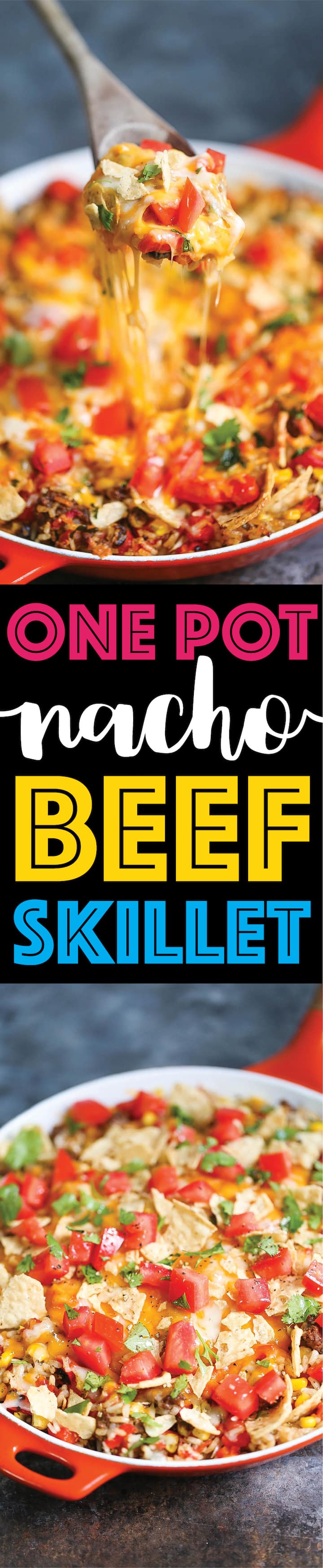 One Pot Nacho Beef Skillet - A 30 minute ground beef skillet dinner where you only need to dirty up ONE PAN! With corn, tomatoes, bell peppers and cheese!