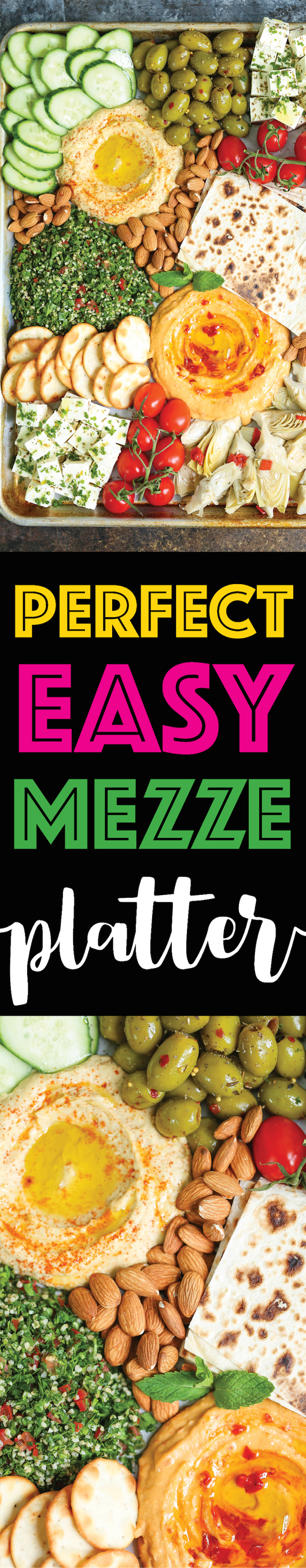 The Perfect Easy Mezze Platter - This is the absolute perfect Mediterranean party platter! With hummus, tabbouleh, almonds, lavash bread and so much more!