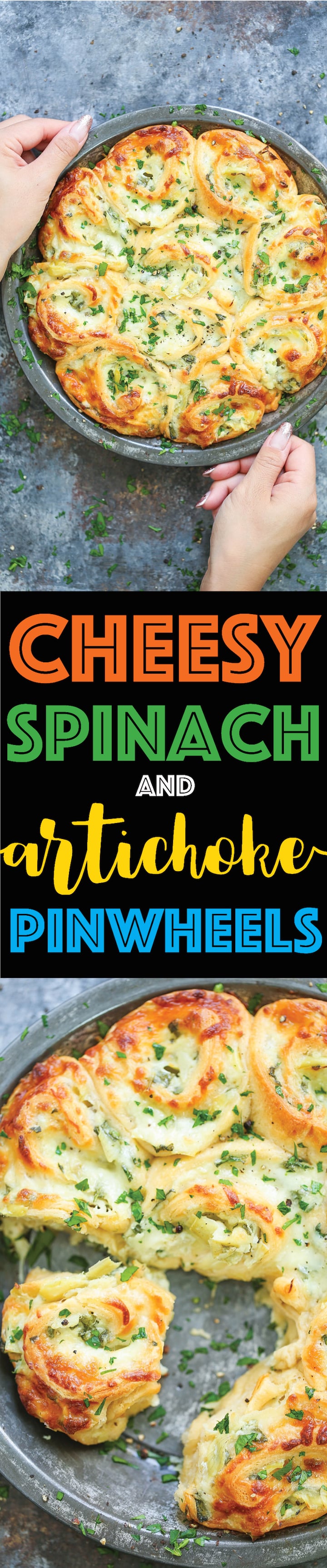Cheesy Spinach and Artichoke Pinwheels - Everyone's favorite spinach and artichoke dip in these cheesy, creamy BAKED roll ups!!! So good for GAME DAY!!!