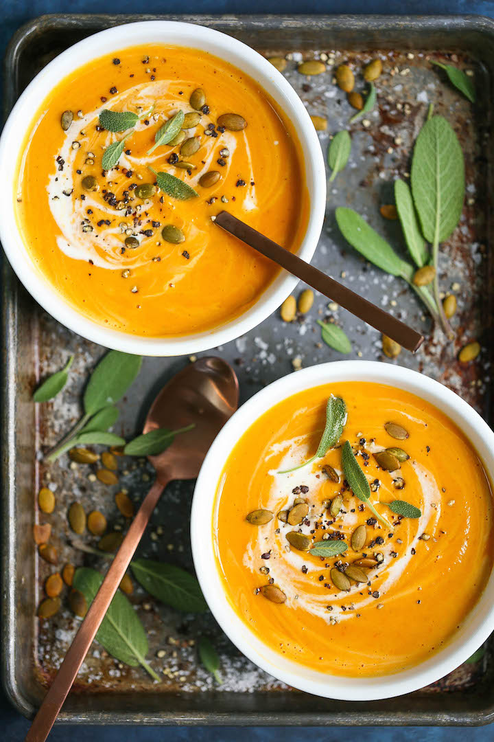 Roasted Pumpkin Soup - The easiest pumpkin soup (ever) made completely from scratch with sugar pumpkins! Thick, creamy, cozy, and so so good.