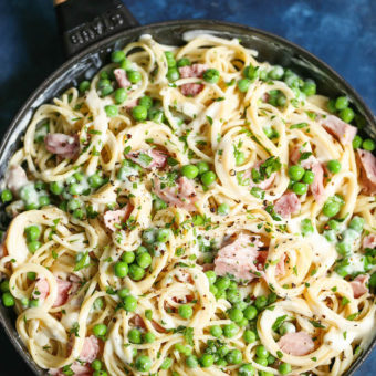 Ham and Peas Pasta with Garlic Parmesan Cream Sauce