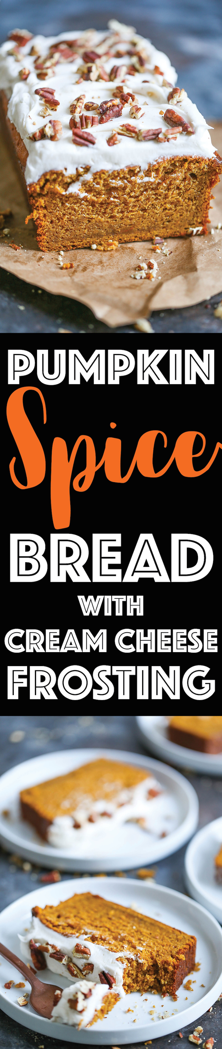 Pumpkin Spice Bread with Cream Cheese Frosting - Extra moist, crumbly + absolutely AMAZING with the best cinnamon cream cheese frosting ever!