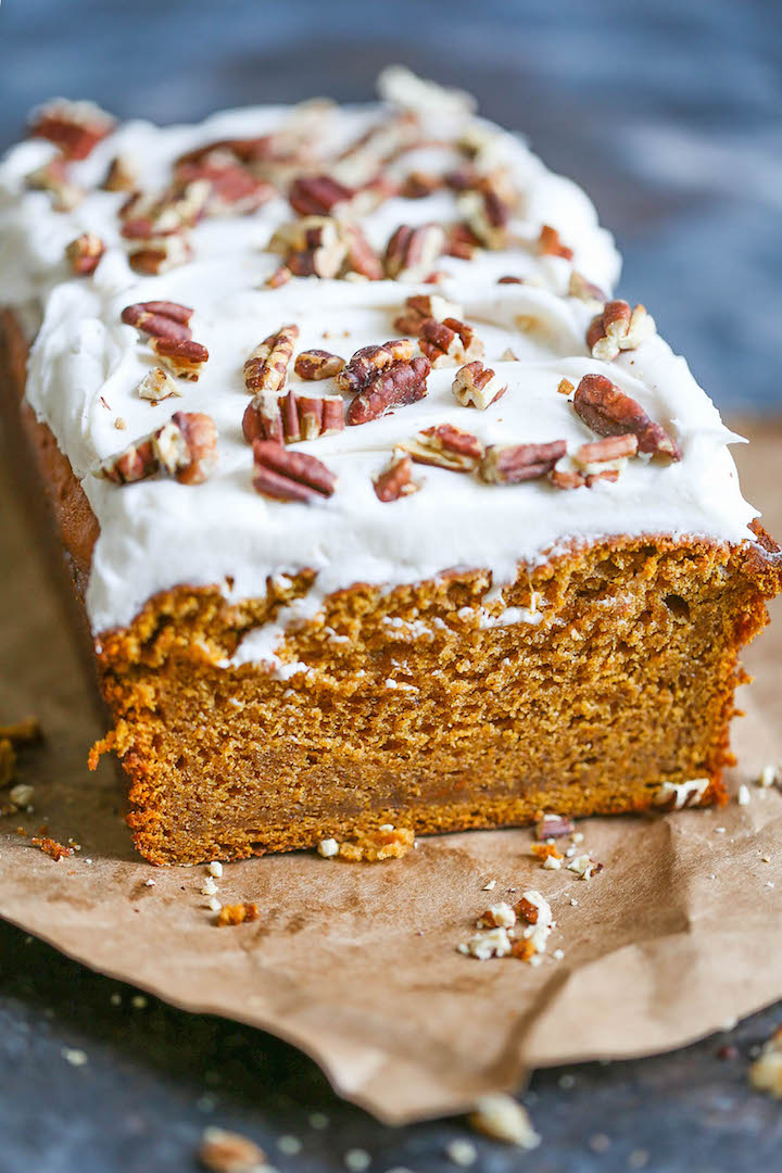 Pumpkin Spice Bread with Cream Cheese Frosting - Extra moist, crumbly + absolutely AMAZING with the best cinnamon cream cheese frosting ever!