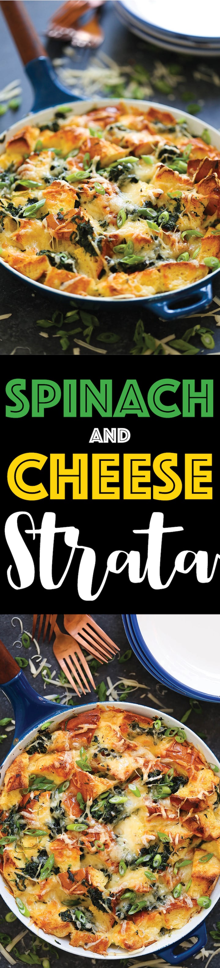 Spinach and Cheese Strata - The quickest, easiest (and cheapest, really), make-ahead savory bread pudding! Perfect for brunch get-togethers or even as a lazy dinner option. You can really have it for any time of the day!