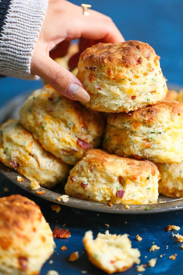 Bacon Cheddar Chive Biscuits - The BEST cheddar biscuit recipe ever! Loaded with crispy bacon bits, extra-sharp cheddar cheese and chives.