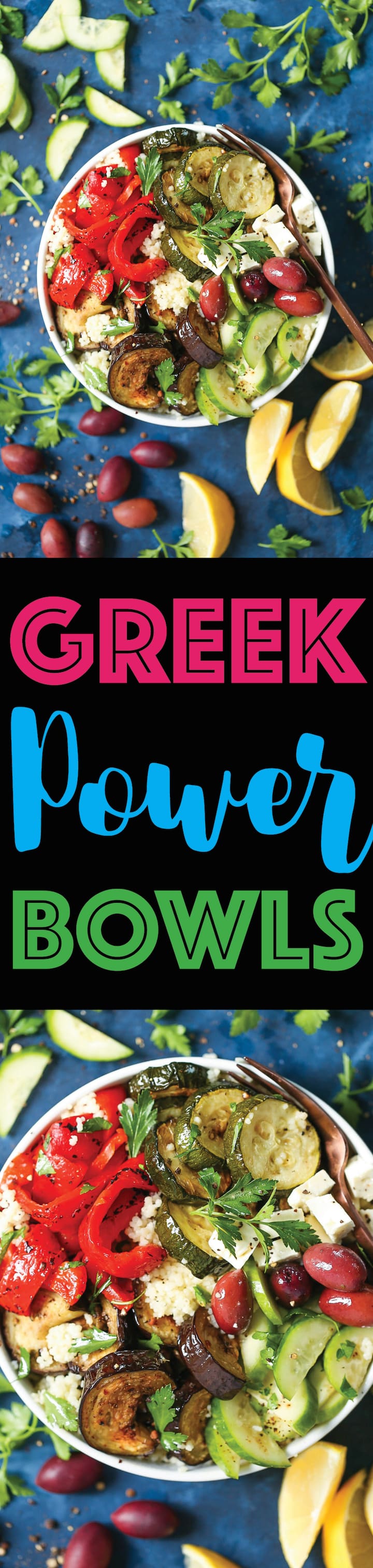 Greek Power Bowls - The quickest Mediterranean-inspired POWER BOWLS! Made in less than 30 minutes with roasted eggplant, zucchini, bell peppers, fresh cucumbers, olives and feta with a simple yet amazing red wine vinaigrette! Nutrient-rich, low-carb, filling and healthy!