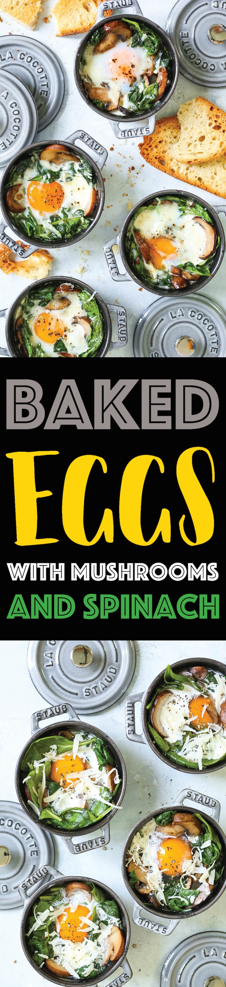 Baked Eggs with Mushrooms and Spinach - Easy peasy individual baked eggs with garlicky sautéed mushrooms and wilted spinach. Healthy, hearty and quick! Serve for breakfast, lunch or dinner with lots of buttered toast! Great for guests or for individual servings.