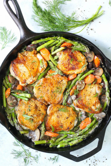 Skillet Chicken with Creamy Spring Vegetables
