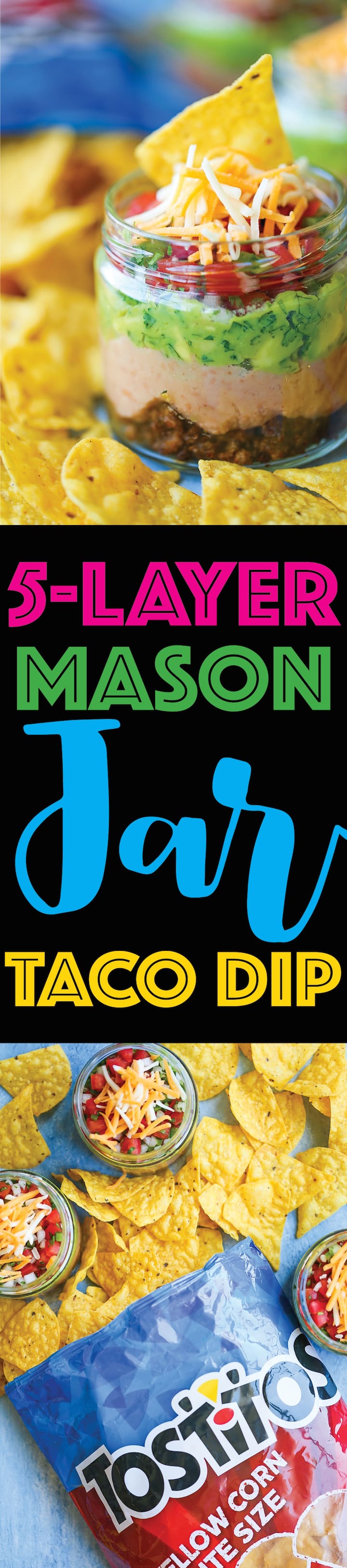 5-Layer Mason Jar Taco Dip - Everyone’s favorite dip in mason jar form! Everything is layered in individual jars so it makes for the easiest serving! Loaded with taco beef, refried beans, guacamole, pico de gallo, and cheese!