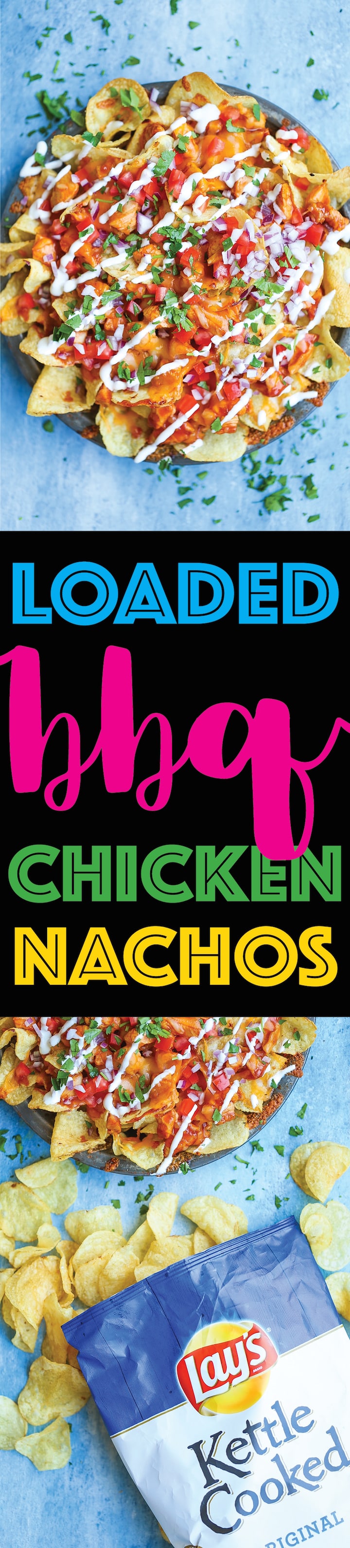 Loaded BBQ Chicken Nachos - Say hello to the best nachos EVER! Loaded with perfectly tender BBQ chicken bites, two types of cheeses, tomatoes, onion, sour cream, cilantro and potato chips! Guaranteed to be a crowd-pleaser. I PROMISE!