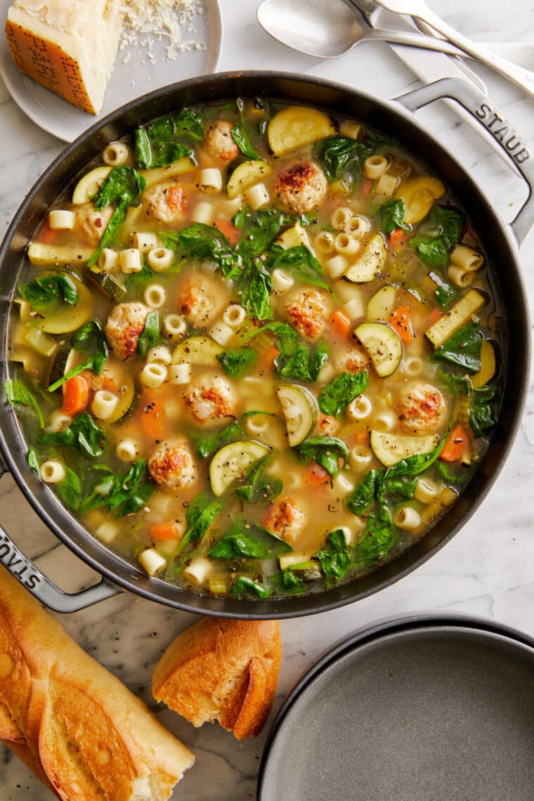 Summer Minestrone with Turkey Meatballs - A hearty, freezer-friendly soup chockfull of fresh garden vegetables. A classic summertime dinner!