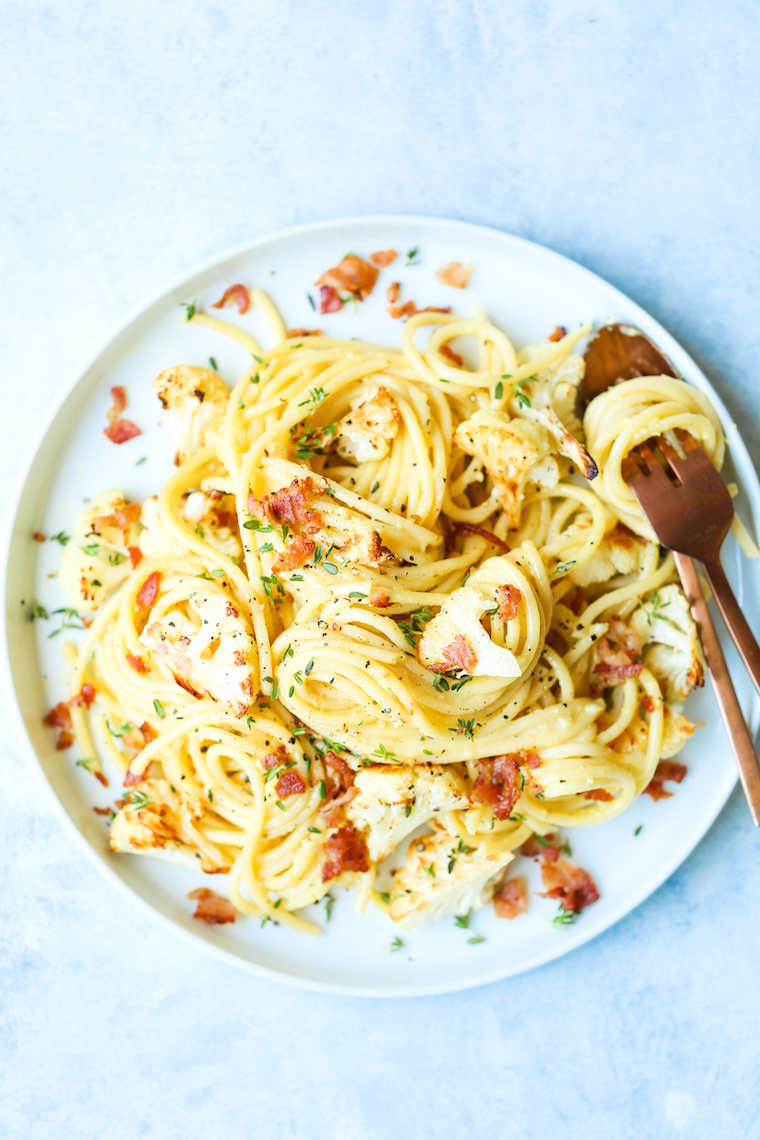 Roasted Cauliflower Carbonara - My favorite pasta dish ever! Loaded with crispy bacon, perfectly roasted garlic cauliflower + the best Parmesan sauce EVER.