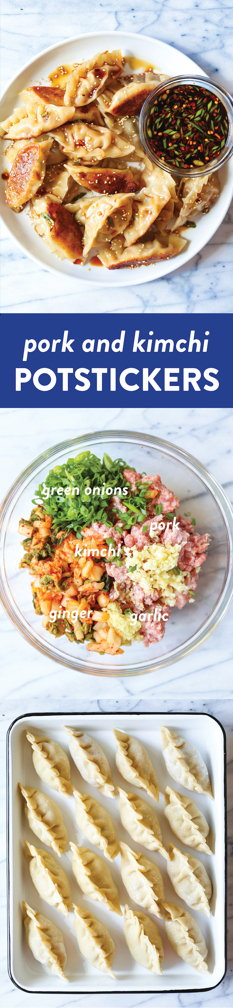 Pork and Kimchi Potstickers - Easy peasy potstickers! Perfectly crispy + a crowd-favorite with an amazing pork-kimchi filling! BONUS: it's freezer-friendly.