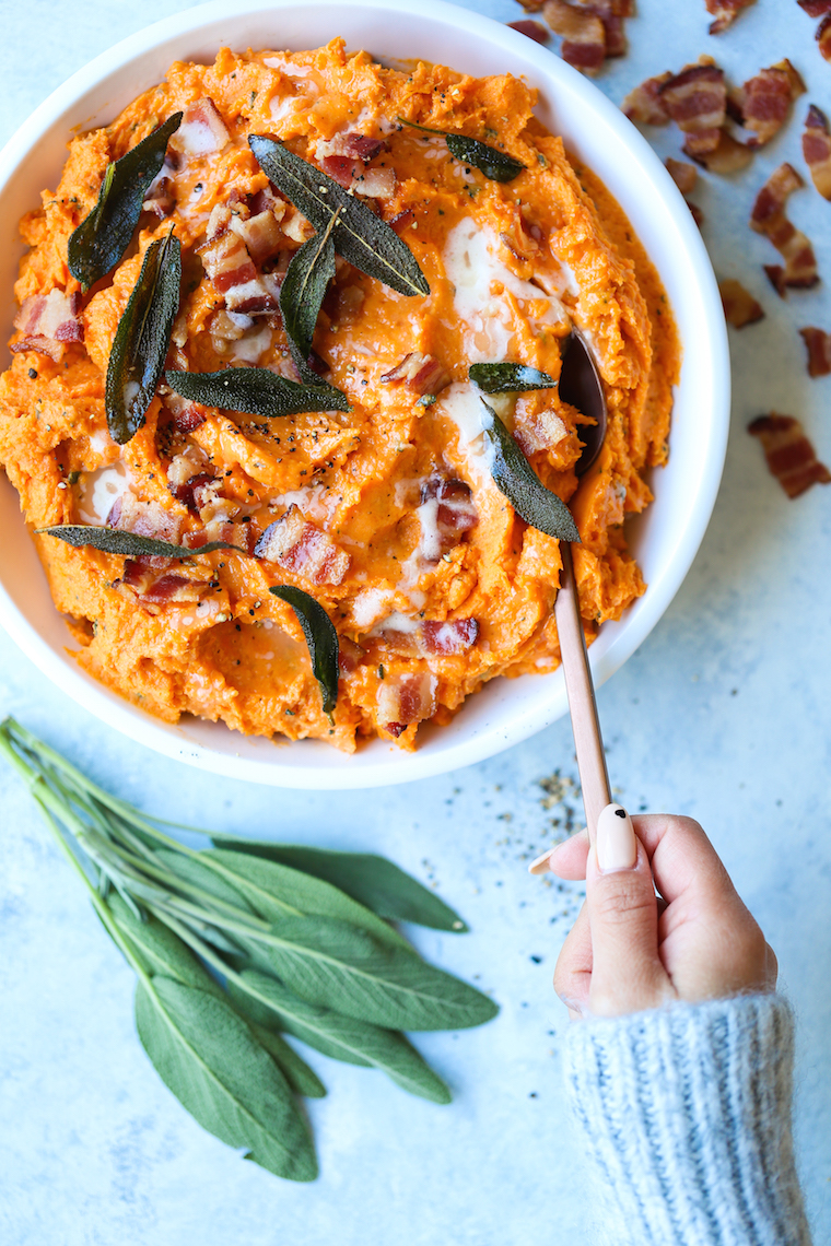 Mashed Sweet Potatoes - This is an absolute must for your Thanksgiving holiday menu! It's so easy and so good with the sage-butter and crisp bacon bits!