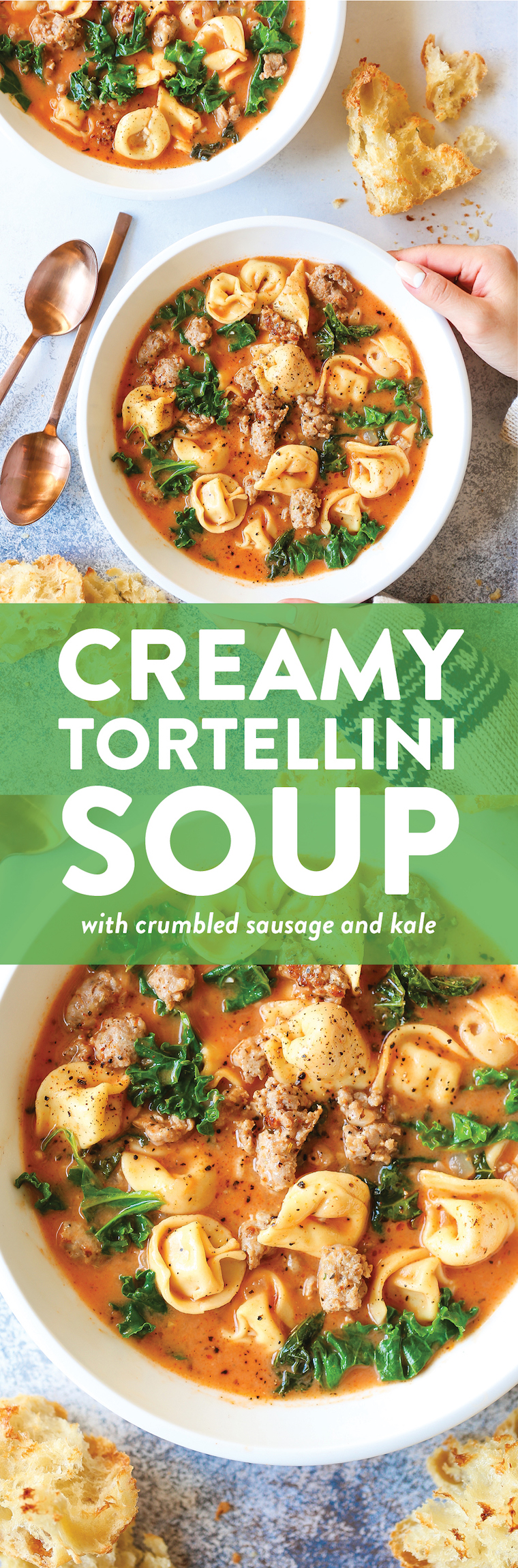 Creamy Tortellini Soup - A quick 30 min dinner! Made with crumbled sausage, kale, Parmesan and tender tortellini. So easy, so cozy, so good.
