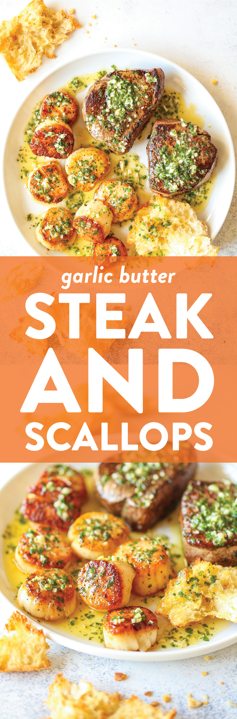 Garlic Butter Steak and Scallops - SURF AND TURF made in less than 30 minute! The steak and scallops are perfectly cooked with the dreamiest garlic butter sauce. Yes, please!