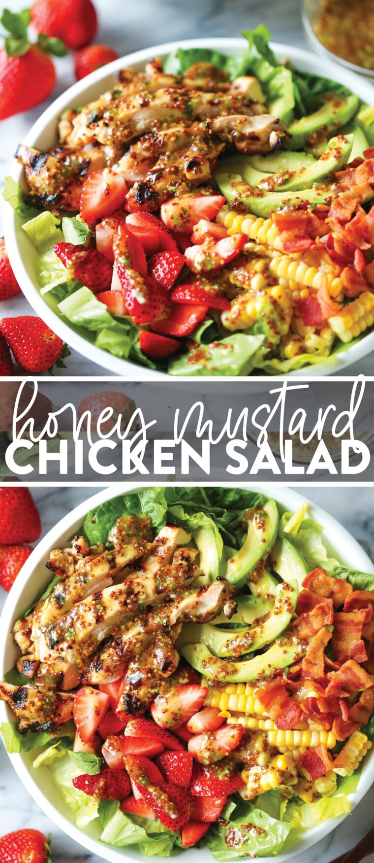 Honey Mustard Chicken Salad - Made with the juiciest, tender honey mustard chicken, romaine, strawberries, avocado and corn. And the dressing is perfection!