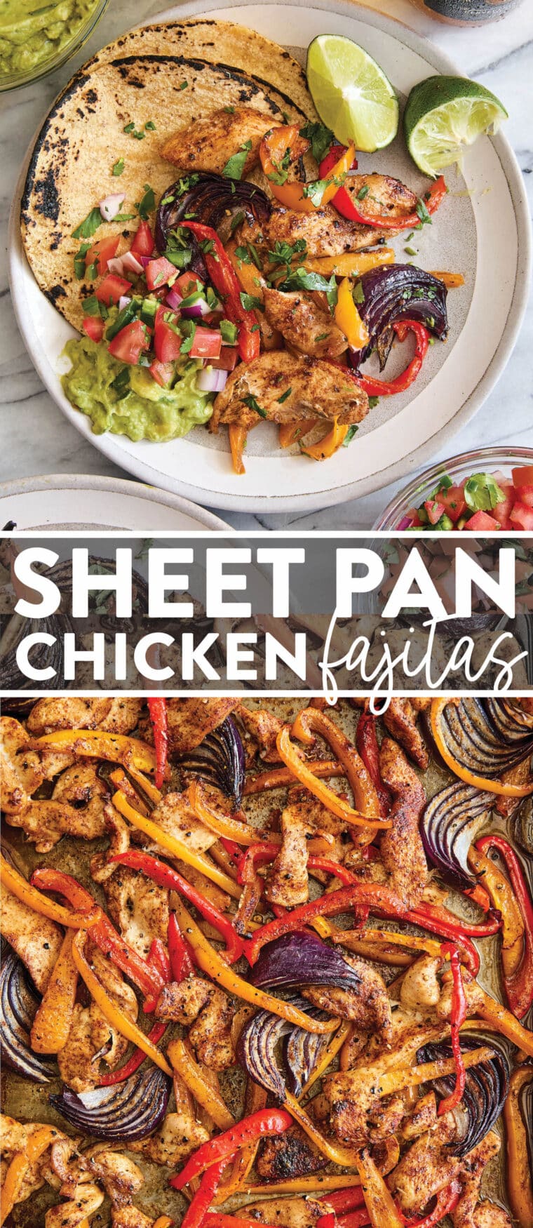 Sheet Pan Chicken Fajitas - SHEET PAN DINNER! A perfect weeknight meal with tender chicken + crisp-tender veggies with the easiest clean-up!