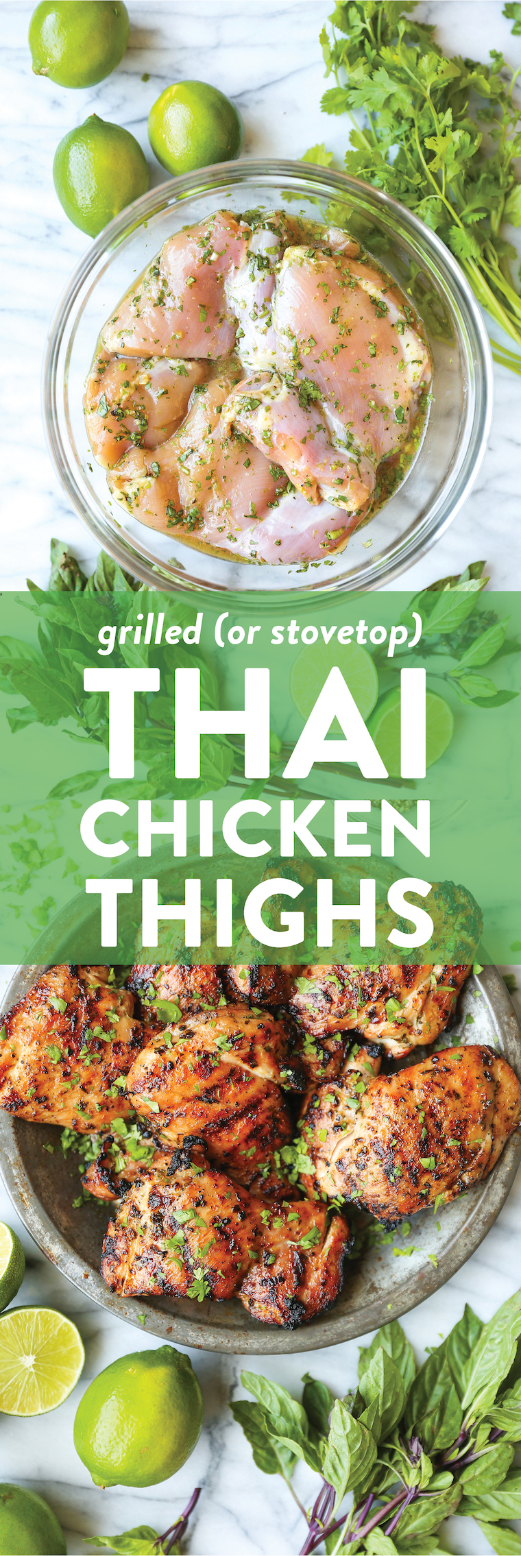 Thai Chicken Thighs - Cilantro, basil, fish sauce, lime juice + brown sugar makes for the best marinade ever! Grill or make on the stovetop!