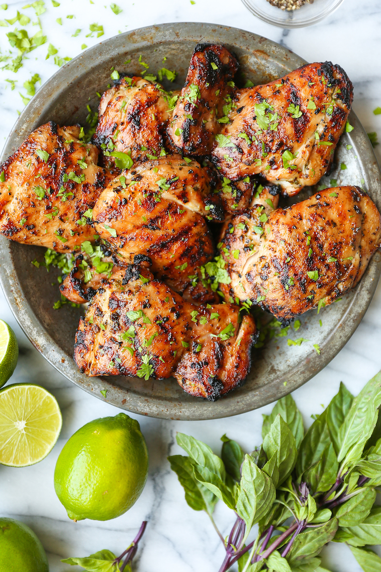 Thai Chicken Thighs - Cilantro, basil, fish sauce, lime juice + brown sugar makes for the best marinade ever! Grill or make on the stovetop!