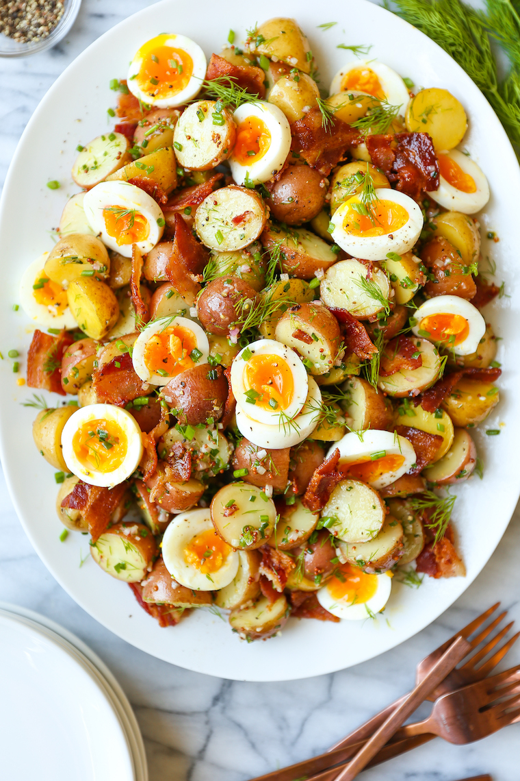 Warm Potato Salad - Crisp bacon with a Dijon vinaigrette and fresh dill with soft boiled eggs make for the best warm potato salad ever. So simple, so good.