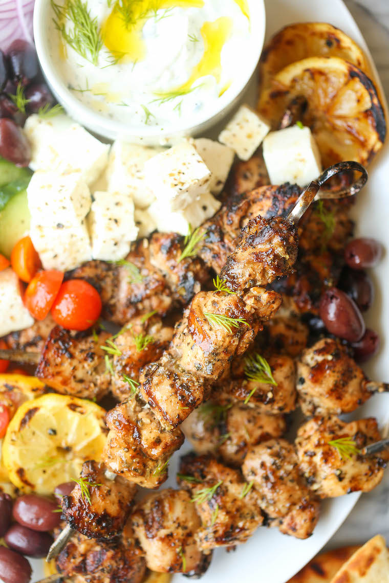 Closeup of Greek chicken kabobs ready for serving