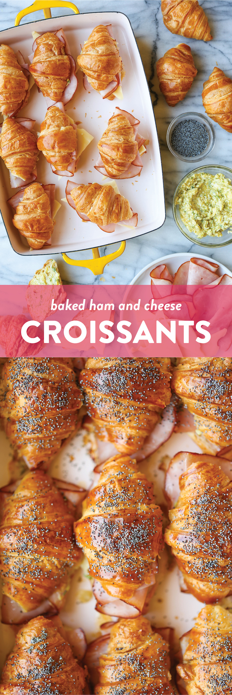 Baked Ham and Cheese Croissants - So so easy to make for a crowd! The mini croissants are toasted and flaky, baked with Dijon-honey, buttery goodness. WHOA.