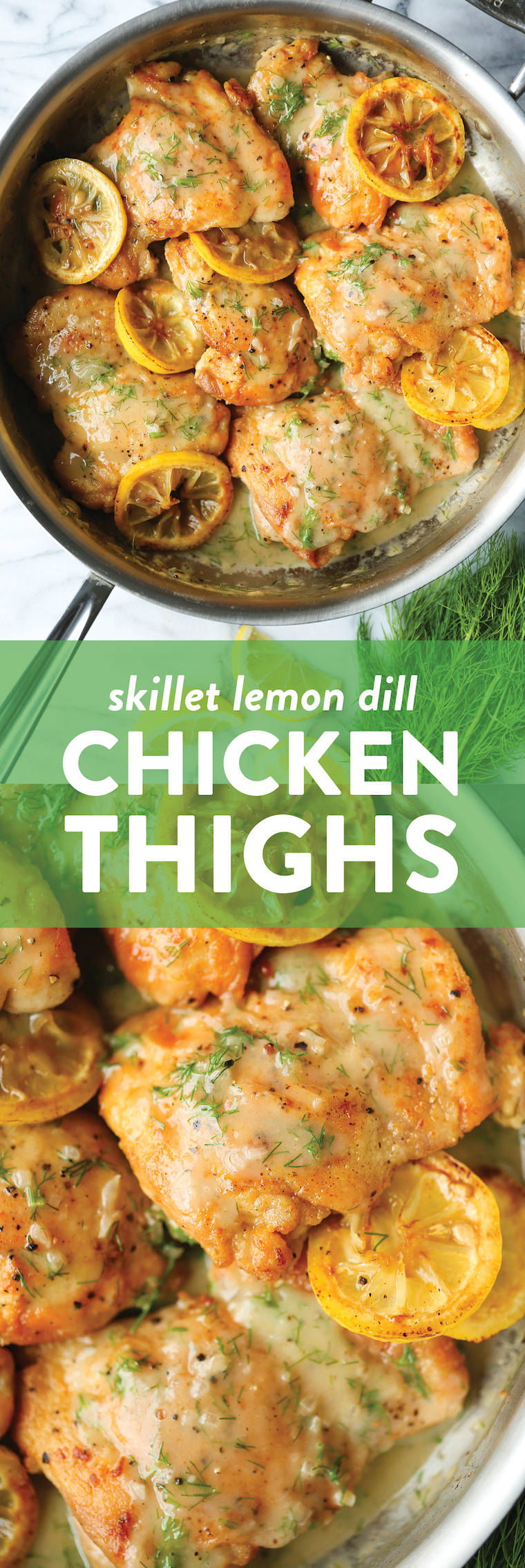 Skillet Lemon Dill Chicken Thighs - A speedy dinner made in 30 min from start to finish! Served with the most heavenly lemon dill cream sauce of your life.