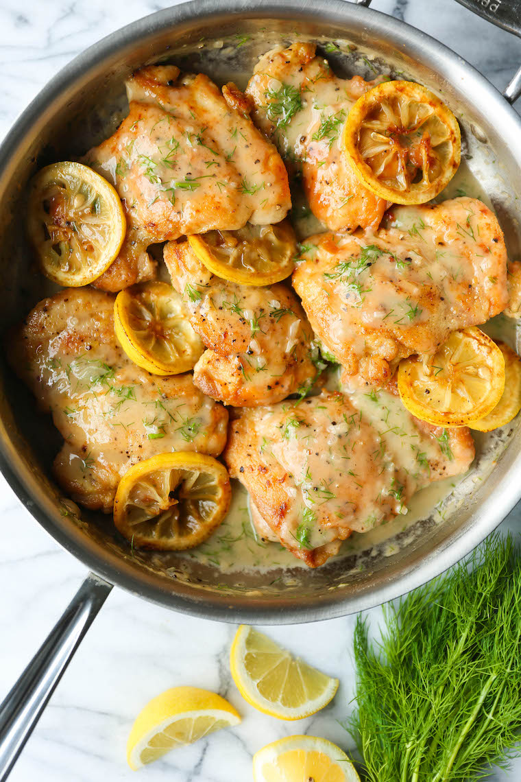 Skillet Lemon Dill Chicken Thighs - A speedy dinner made in 30 min from start to finish! Served with the most heavenly lemon dill cream sauce of your life.
