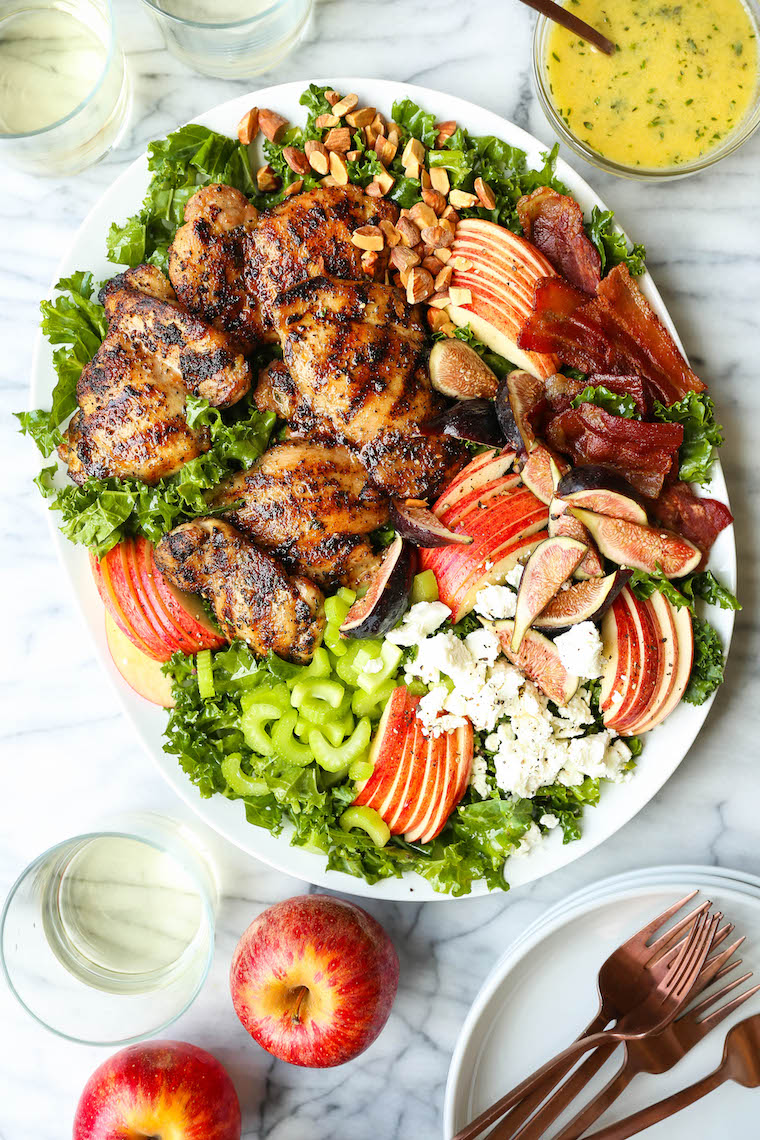 Chicken Harvest Salad - Juicy, tender chicken, crisp bacon, apples, figs and almonds with a honey Dijon vinaigrette. The ultimate, feel-good autumn salad!!